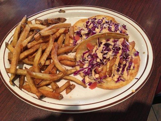 Mahi Mahi fish tacos served with hand cut fries