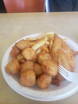 Fried Scallops, Chips and Haddock