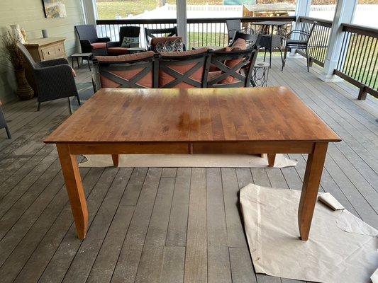 Sanded top of kitchen table to bare wood , stained to match legs, polyurethaned and polished.