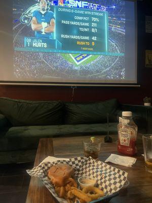 Tv, burger, and cocktail