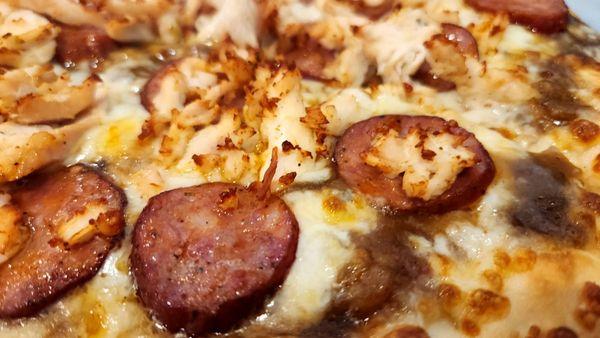 Close up of the Gumbo Pizza.