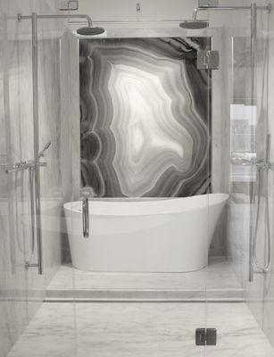 Sydney freestanding tub with Statuary Gray surround with Agata Nero accent wall.