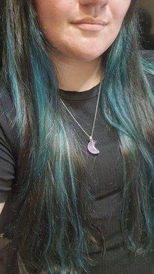 Long hair with blue/green underlights