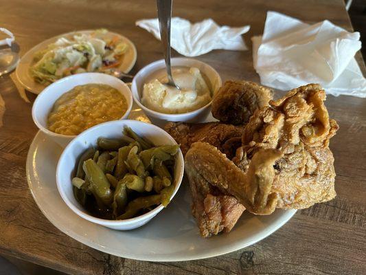 Fried chicken(mixed) green beans, mashed potatoes, creamed corn.