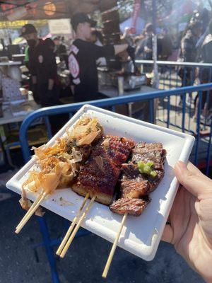 Takoyaki, Eel, Kobe beef skewers