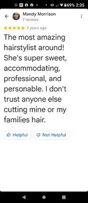 Google review of Mariah/Thee Southern Stylette Hair Studio LLC from when salon was located at Sola Salons.