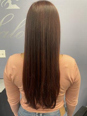 Brick brown color with a gloss to add shine to hair.