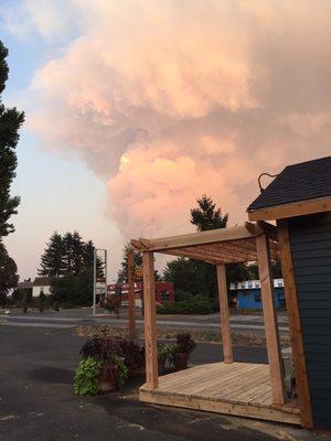 Smoke plume from the Eagle Creek fire behind new pergola.