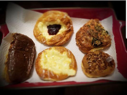 Chocolate Cream filled bar, Cheese Danish, Feta and Spinach roll, and Maple Bacon w/ syrup infusion donut.  Yummy!!