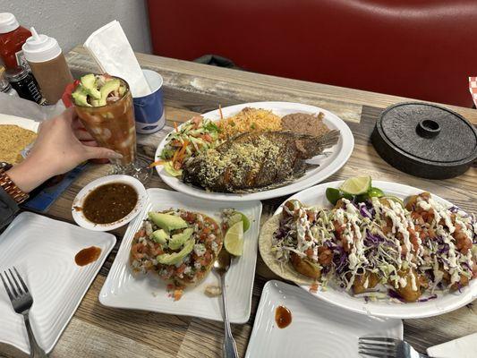 Fried garlic tilapia , fish tacos and Ceviche de Camaron Tostada