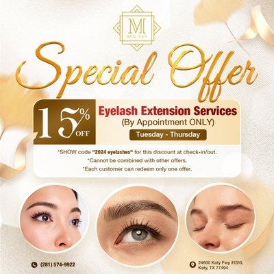 SPECIAL OFFER 

 Elevate your look with our fabulous deal at Marlen's Nail Bar! 
 Enjoy 15% OFF our Eyelash Extension Services,