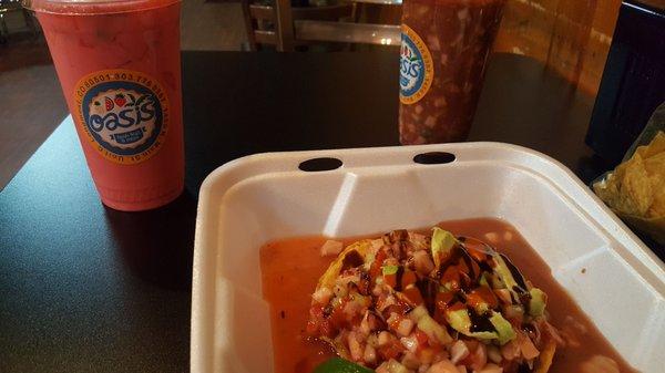 Ceviche , coktel, fruit agua fresca.