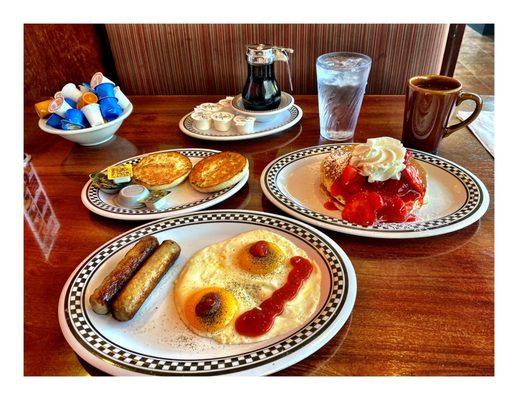 Strawberry & Banana Pancakes Combo Meal w/ ex English Muffin & Coffee.25.99$ Total. Cozy Corner Restaurant. Nice Fast Service .Cool.