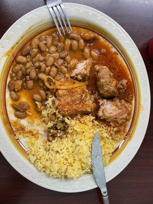 Beans rice and meat. This day it was pork