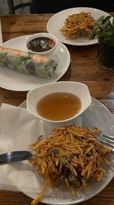 Shrimp fritters and shrimp spring roll, the sauces are amazing