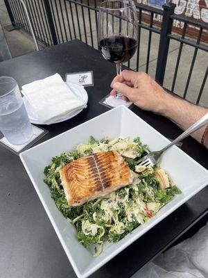 Kale Salad with grilled salmon and a Tribute Cabernet.