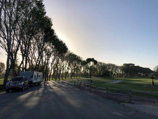 Pulling into Monterey Pines RV park through the golf course