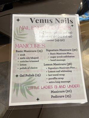 Manicure menu