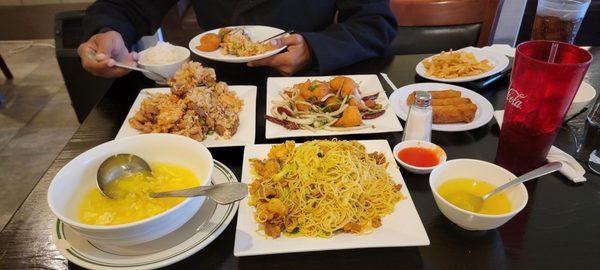 Singapore noodles, egg drop soup, egg rolls, shrimp fried rice, and salt & pepper shrimp, which was all delicious.