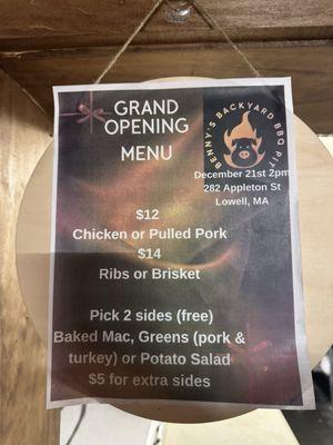 Grand opening menu