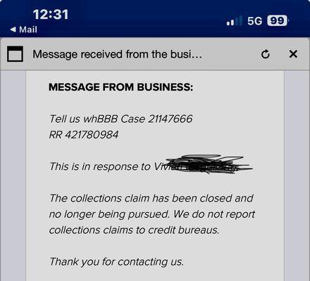 Response from collection agency to BBB Complaint.