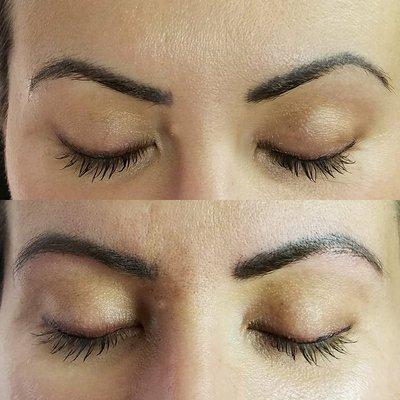 Microblading I did today. My client previously had eyebrows tattooed on with a gun and wanted to make her arches not as prominent, and also