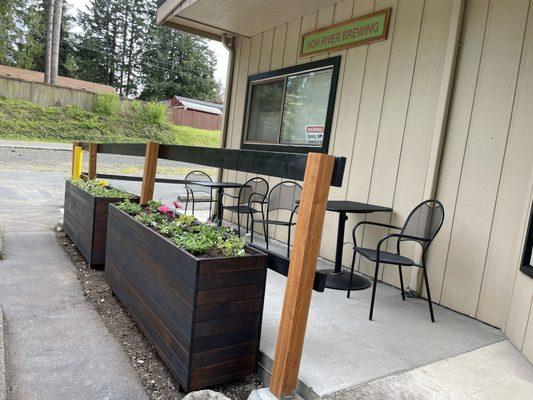 Outdoor seating in front of the building