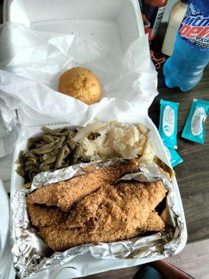 Fried whiting, cabbage and green beans