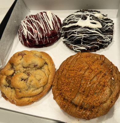 Red velvet, oreo cookie, chocolate chip and Biscoff cookie.