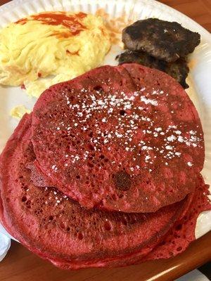 Memorial Weekend Special! Red velvet pancakes, scrambled eggs and turkey sausage (made in house).