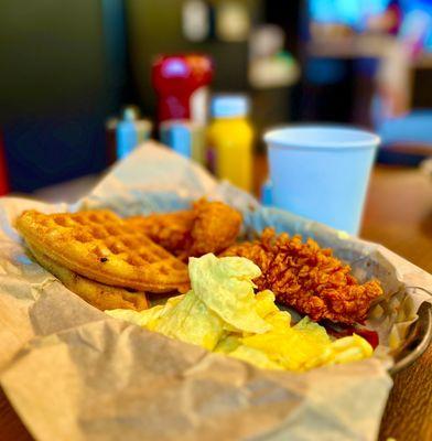 Nashville hot chicken, waffles and scrambled eggs