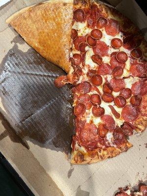 Disgusting oil drenched pizza and box