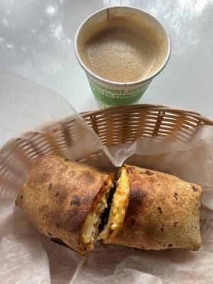 Breakfast burrito and latte