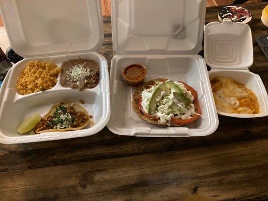 Tostada, chicken taco, and enchilada combo