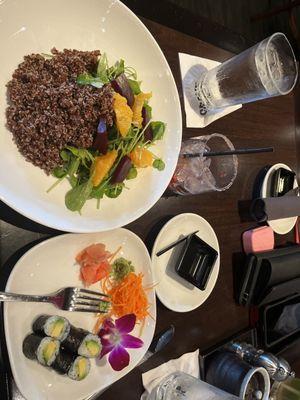 Red quinoa roasted beets with oranges & arugula   Maki and an edible orchid