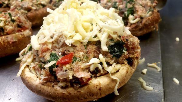 Stuffed portobello mushroom caps with homemade Italian sausage