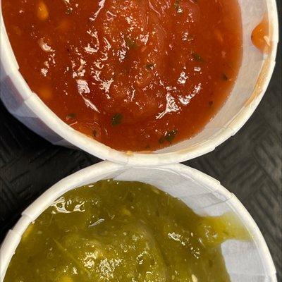 Red mild salsa and medium salsa verde