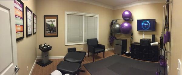 This is our physical therapy room. We utilize low tech rehab in our office so you can reproduce your rehab at home.