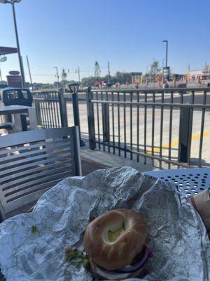 Patio facing Menards/ Walker Texas Banger breakfast sandwich