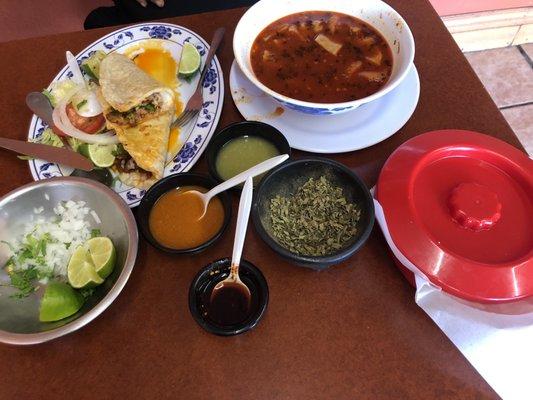 Menudo and Al pastor quesadilla