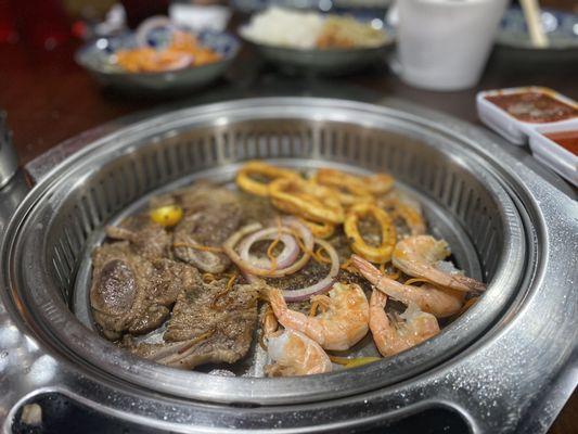 Marinated short ribs, shrimp, and calamari