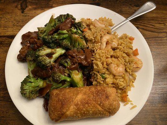 Beef and broccoli, shrimp fried rice and egg roll.