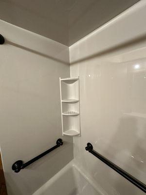 Shower accessory shelves for shampoo, soap, and fragrances