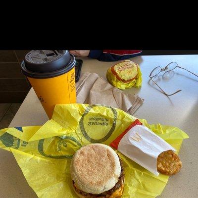 Sausage McMuffin, Hash Browns, and large Coffee