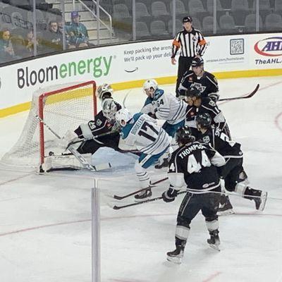 Pad save by the Ontario Reign goalie on a point-blank Barracuda shot.