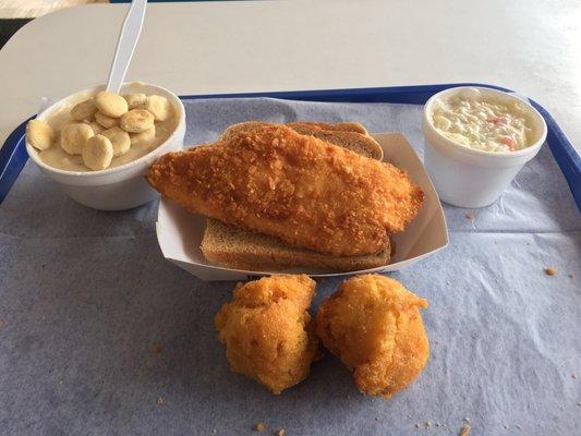 The not-so-clammy Chowder, First Mate on rye, "large" coleslaw and hush puppies.