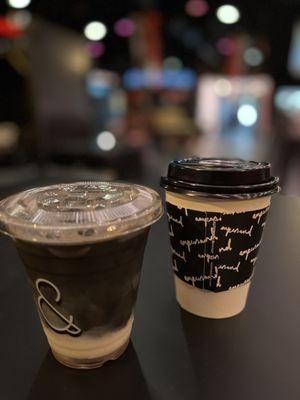 Black rose (left) and regular hot latte (right). Not a fan of the black rose. Latte is decent. Only to-go orders = no latte art