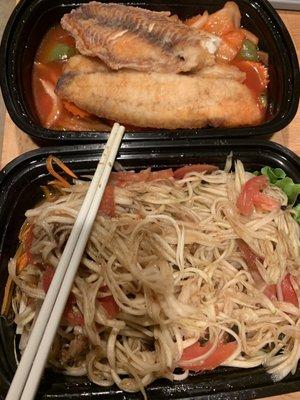 Sweet sour fish and papaya salad