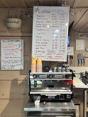 Coffee and ice cream menu