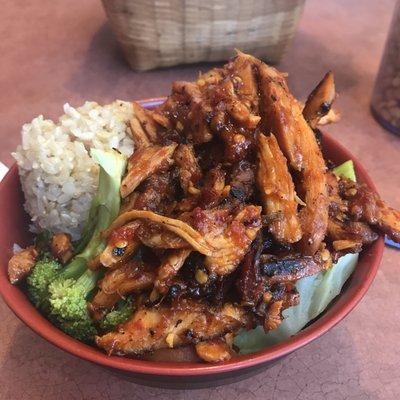 Spicy Teriyaki Chicken Bowl with Brown Rice (w/steamed broccoli, carrots and cabbage) $8.20 VERY SPICY!